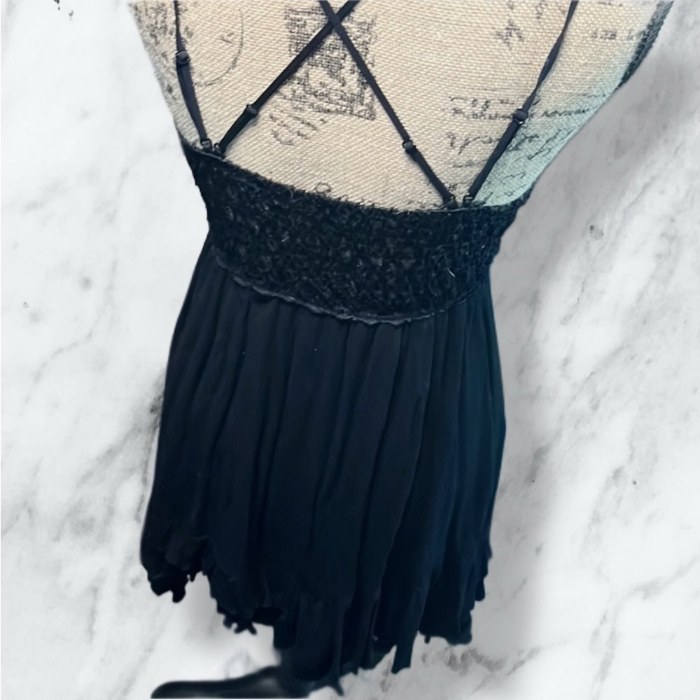 Black Lace Strappy Mini Dress with Asymmetrical Hem - Picture 11 of 16
